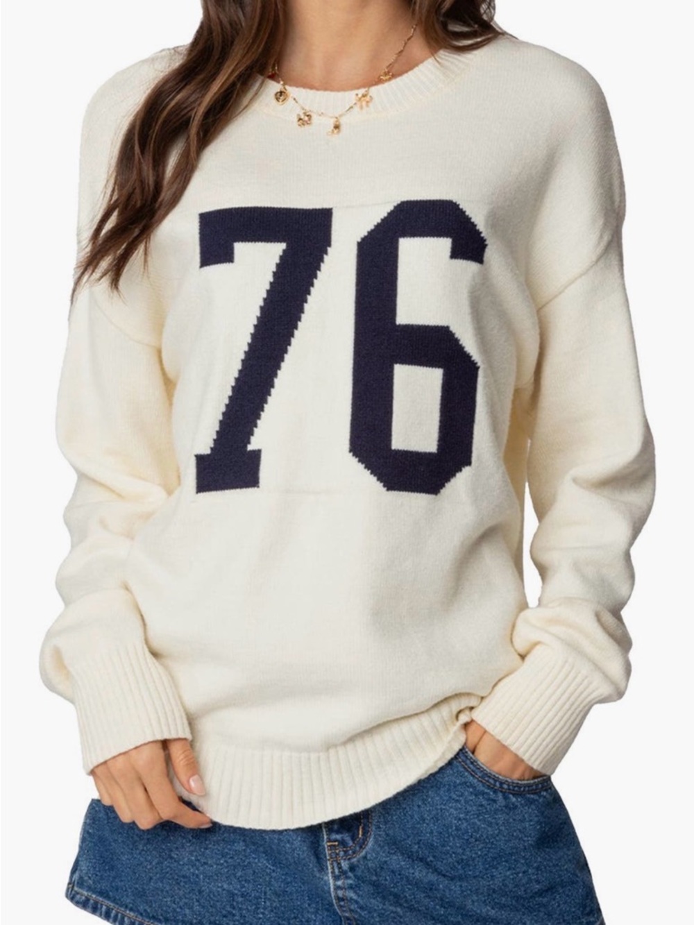 Edikted Cream Crewneck Sweater with Navy '76 Graphic